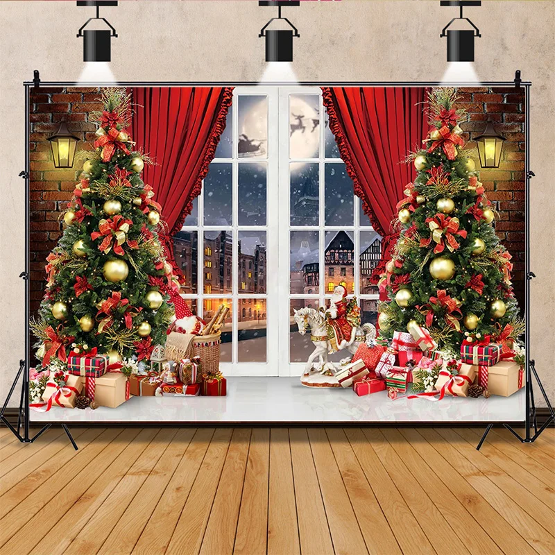 

Vinyl Custom Christmas Tree Window Wreath Gift Photography Backdrop Window Snowman Cinema Pine New Year Background Prop ZZ-17