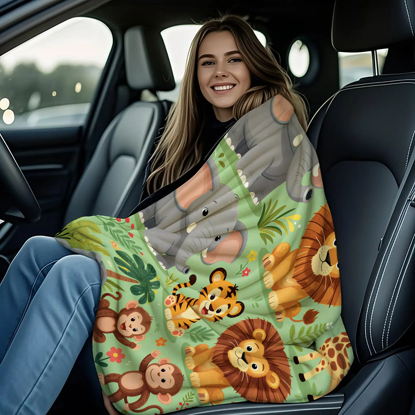Jungle Animal Flannel Throw Blanket Lion Tiger Elephant Monkey Giraffe Wildlife Print Soft Coral Fleece Blanket for Sofa Bed