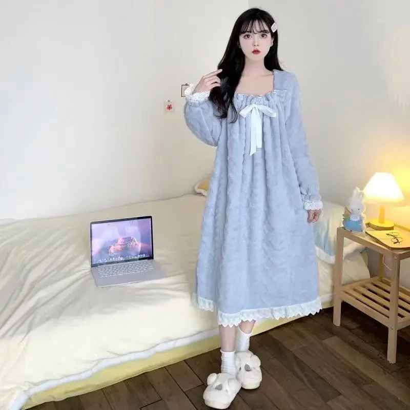 Fleece Women Nightgown Korean Winter Sleepwear Bow Night Dress Lace One Piece Pajamas Solid Warm Knee Length Warm Home Wear New