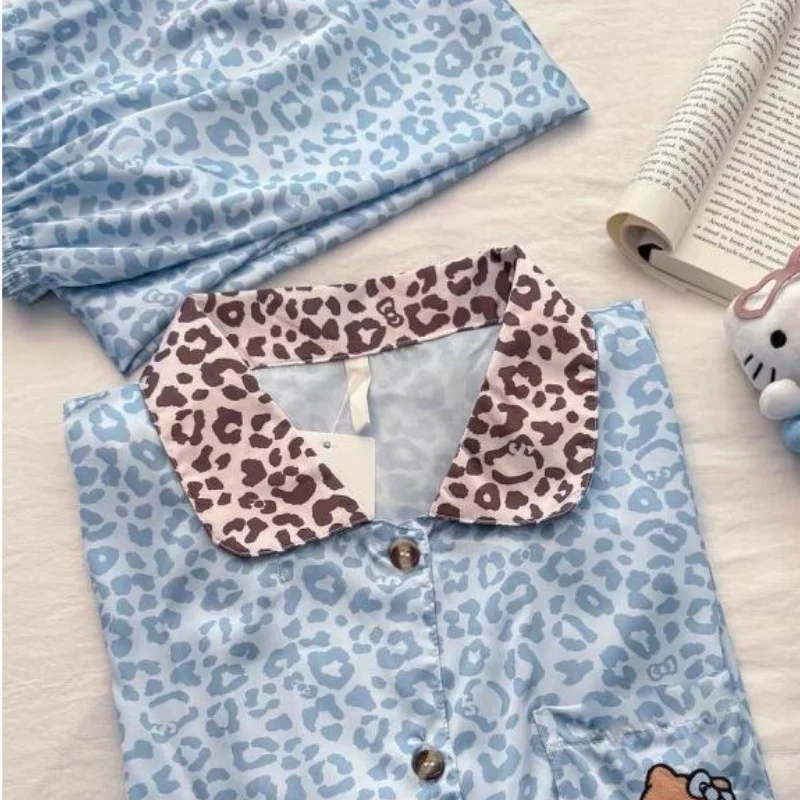 

Женская пижама Sanrio Hello Kitty с леопардовым принтом, осенний комплект с длинными рукавами и брюками, свободный домашний костюм для студентов, популярный в интернете