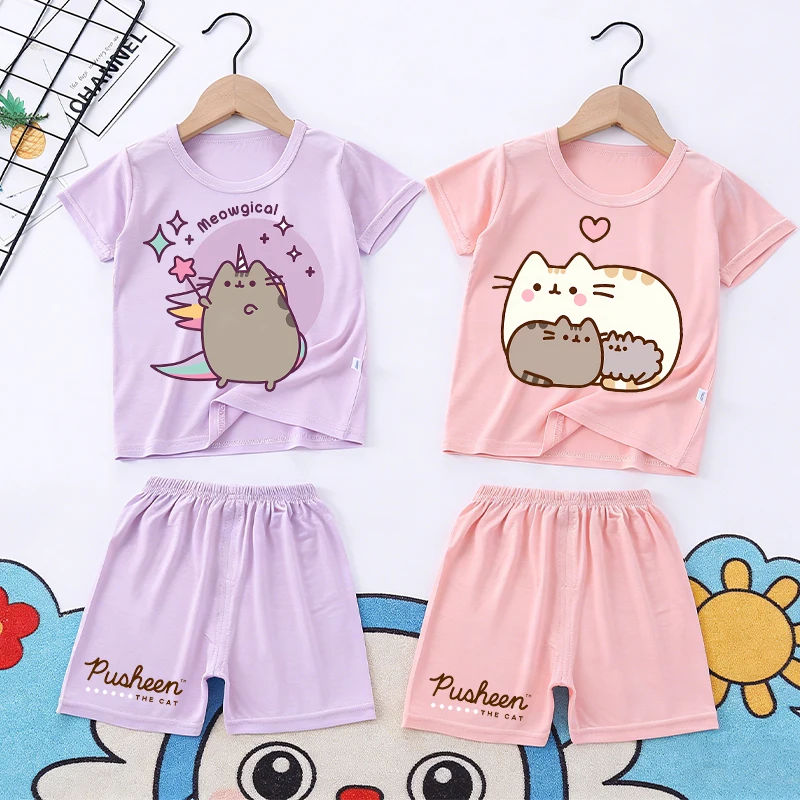 

Cute Pusheens Baby Pajamas Sets Girl's Toddler Anime Popular Cartoon Sleepwear Kids Thin Short Sleeve Tops Shorts Kawaii Clothes