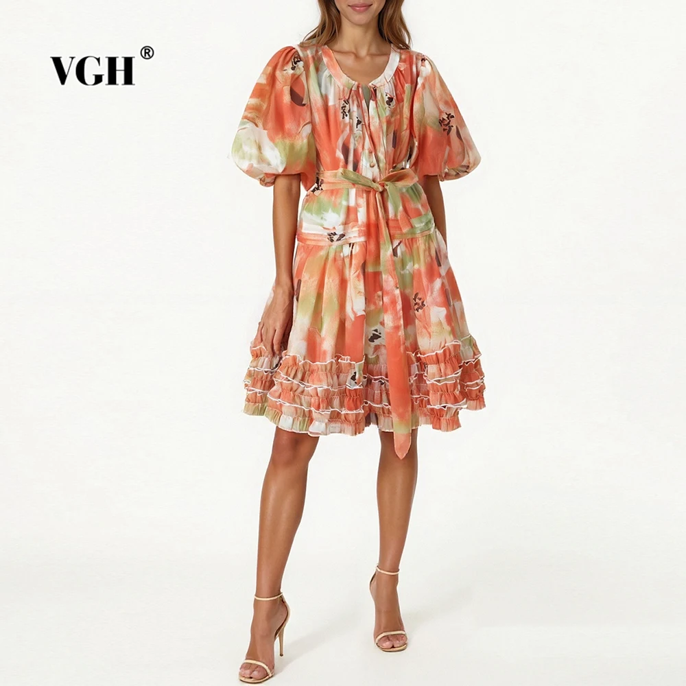 

VGH Colorblock Printing Spliced Funguns Dresses for Women O Neck Half Sleeve High Waist Patchwork Lace Up Short Dress Female New