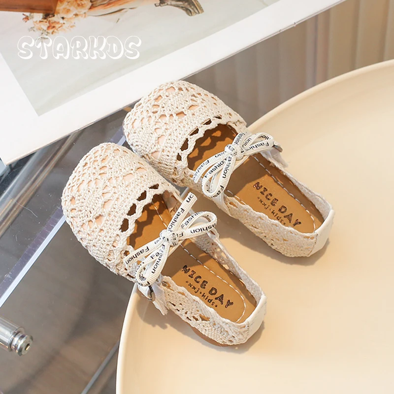 Cute Lace Crochet Ballet Flats For Baby Girls Chic Bowknot Ballerina Shoes Toddler Kids Summer Breathable Hollow Out Loafers