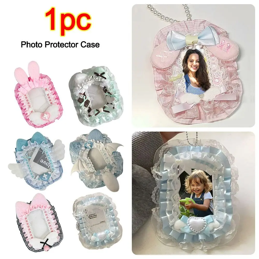 Cute Pink Bow Card Holder Plush with Ribbon Photo Protector Case Anime Lace Photocard Holder