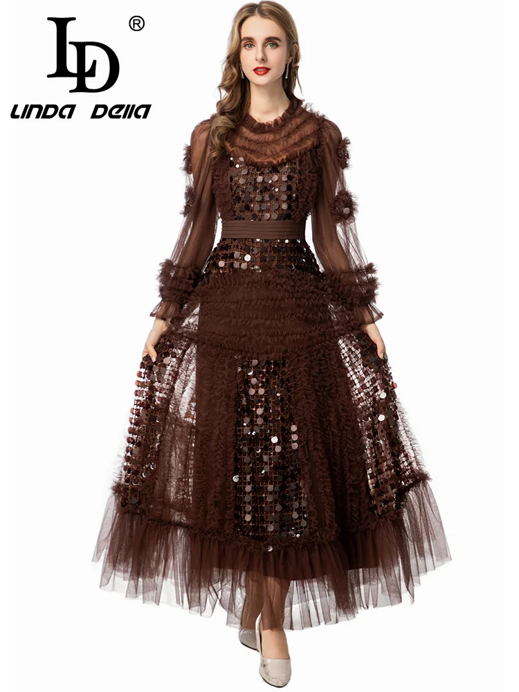 فستان LD LINDA DELL مطرز بالترتر بحافة مكشكشة بلون القهوة فستان مثير للولائم شبكي بأكمام طويلة ورقبة فستان نسائي عصري