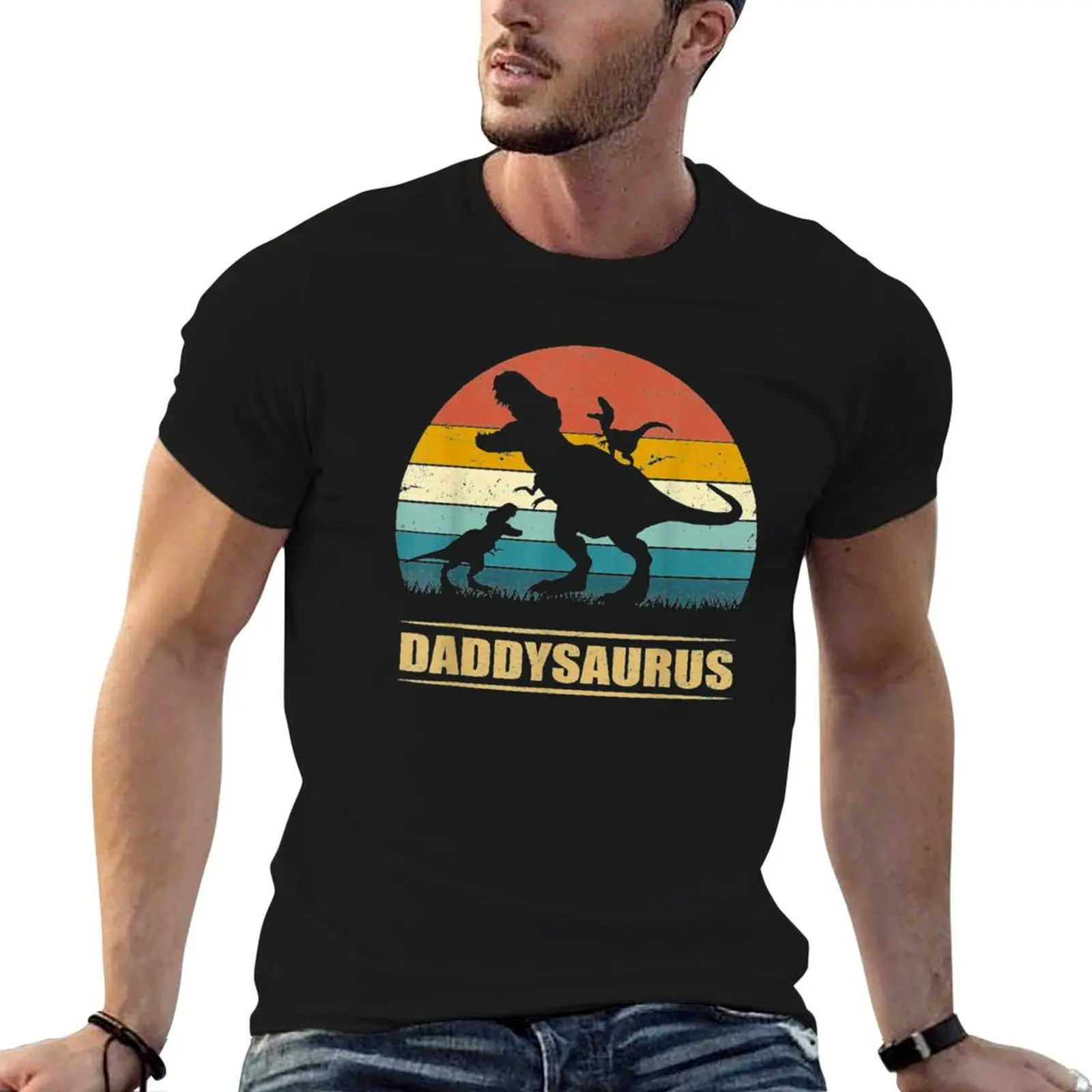 Daddy Dinosaur Daddysaurus 2 Two kids Gift For Dad T-Shirt Vintage Print Crew Neck Tee