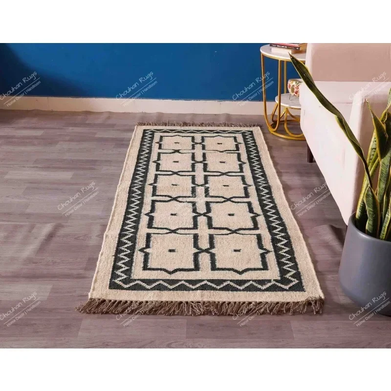 Handwoven Off White Wool Jute Kilim Rug with Black Design Rug Fringes Jute Rug