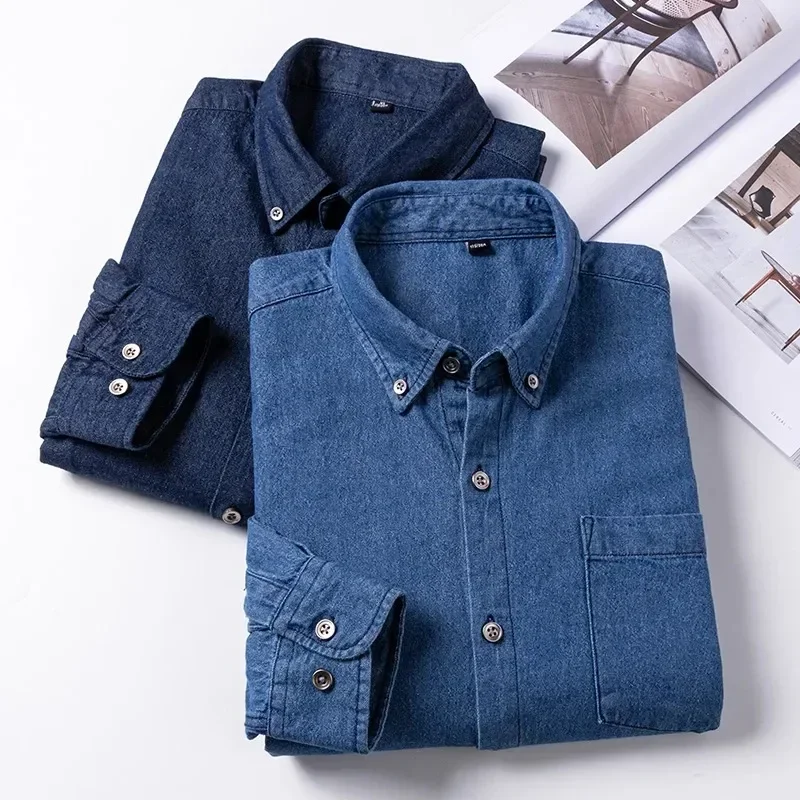 

New in shirt long-sleeve jean shirts for men single pocket Casual plain shirt Fashion korean social 100%cotton cowboy clothes