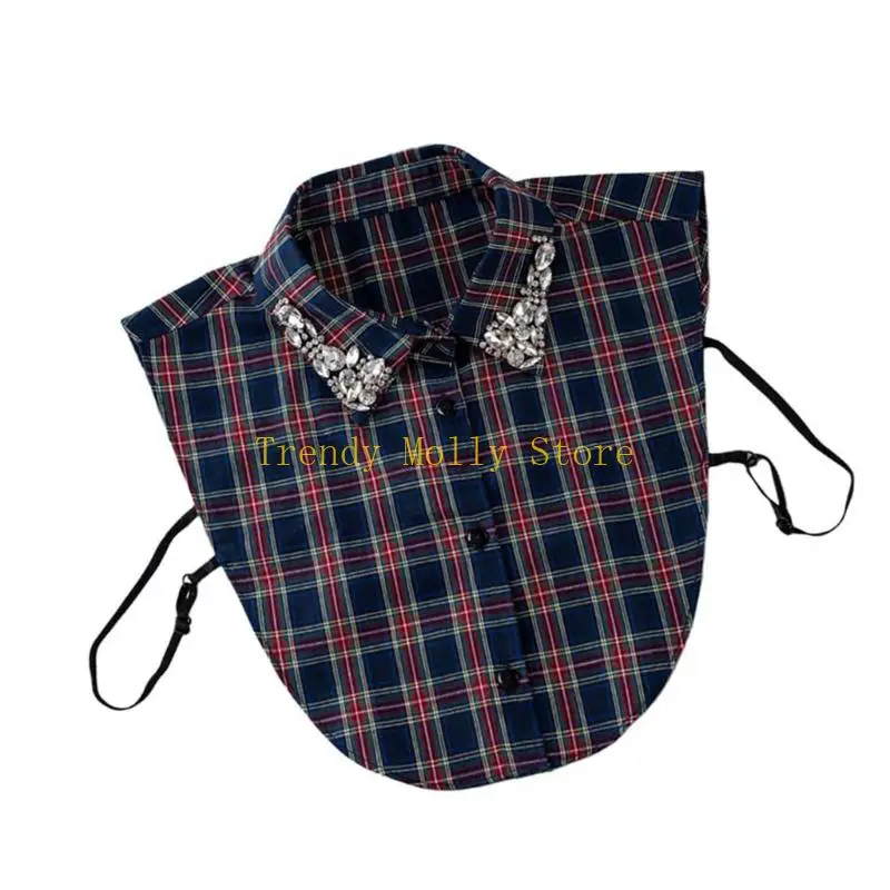 N5KB Stylish Plaids Pattern Collar Inlaid With Shimmering Crystals Comfortable Daily Wear
