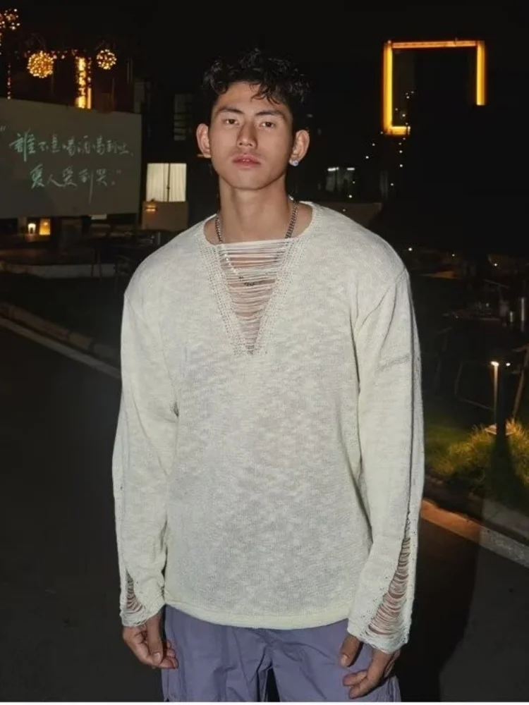Autumn Men's Knitting Sweater Thin Hollow Out Knit Sweater Deep V Neck Lazy Pullover Alluring Destructive Design Upper Garment