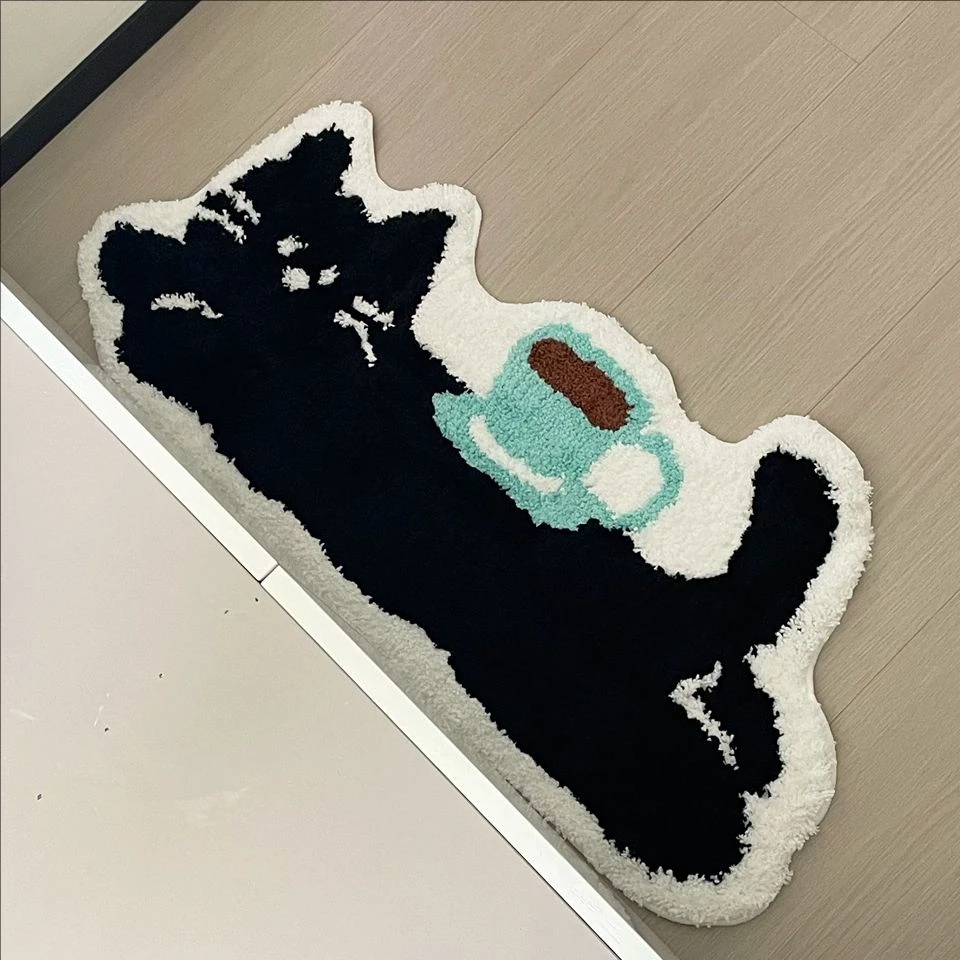 حصيرة أرضية لطيفة على شكل قطة سوداء مع تصميم فنجان القهوة سجادة ناعمة متدفقة لمنطقة أريكة السرير سجاد ماص مانع للانزلاق ممسحة