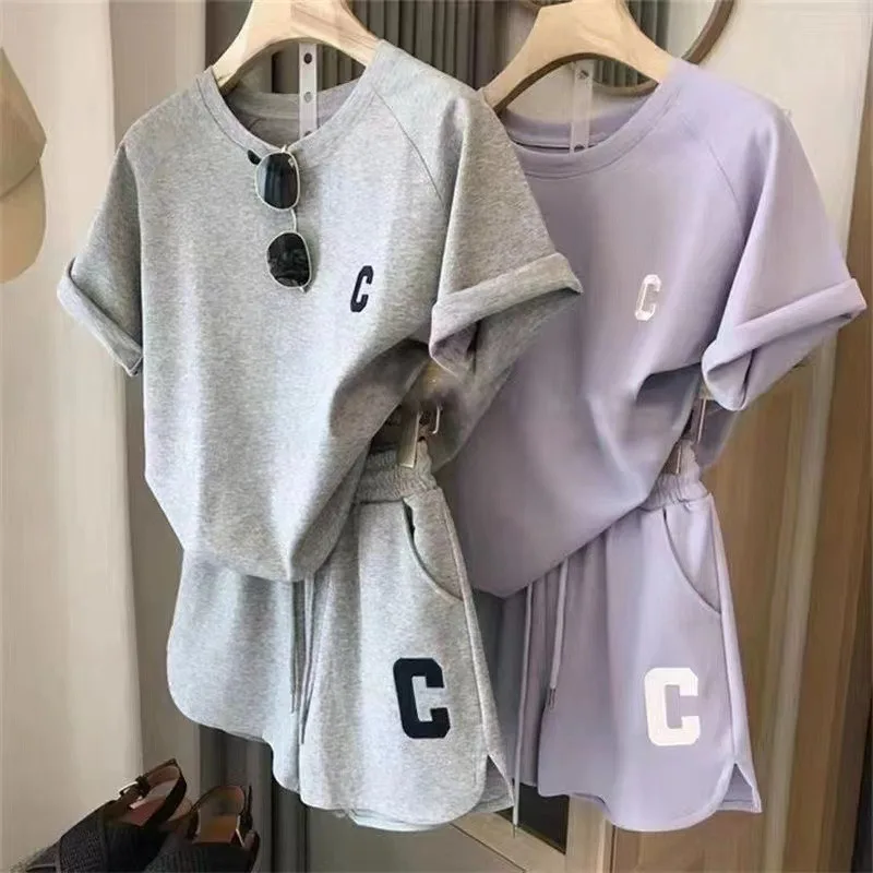 

2 Piece Set Women Summer Loose Short Sleeve T-Shirt Casual Shorts Sports Print Letter Casual Suit Large Size Short Pajamas Set