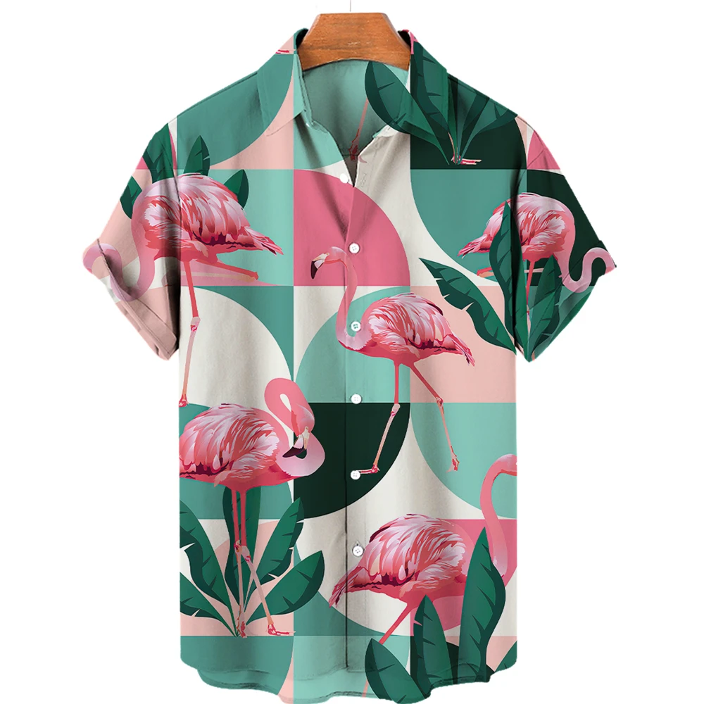 3D flamingo print men\'s shirt Hawaii loose breathable casual short-sleeve beach holiday