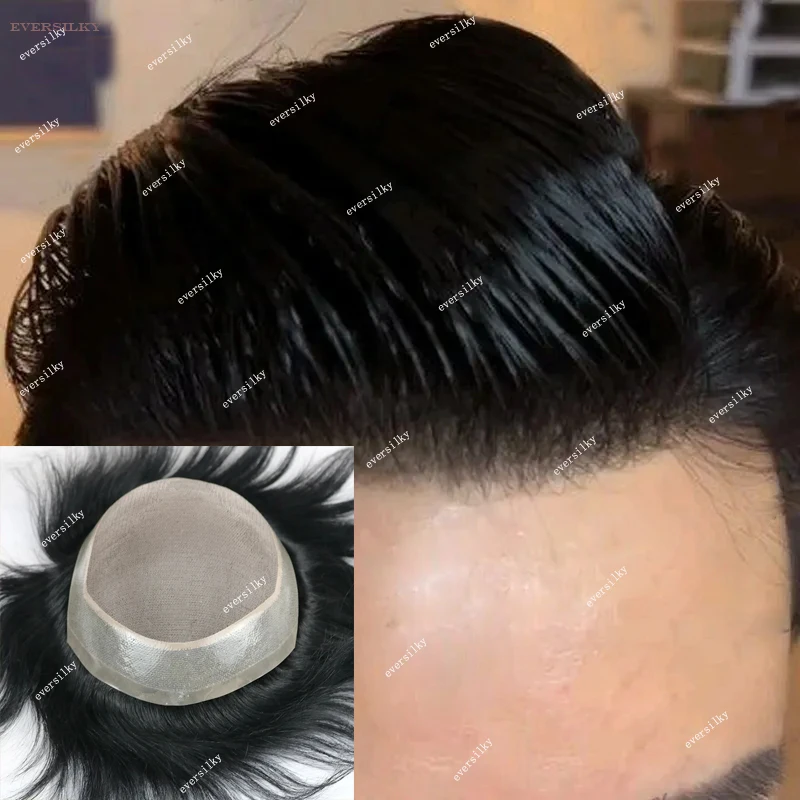 

Natural Frontline Durable Fine Mono Lace &PU Base Men Toupee 100% Human Hair Prosthesis Capillary Brown Black Man Breathable Wig