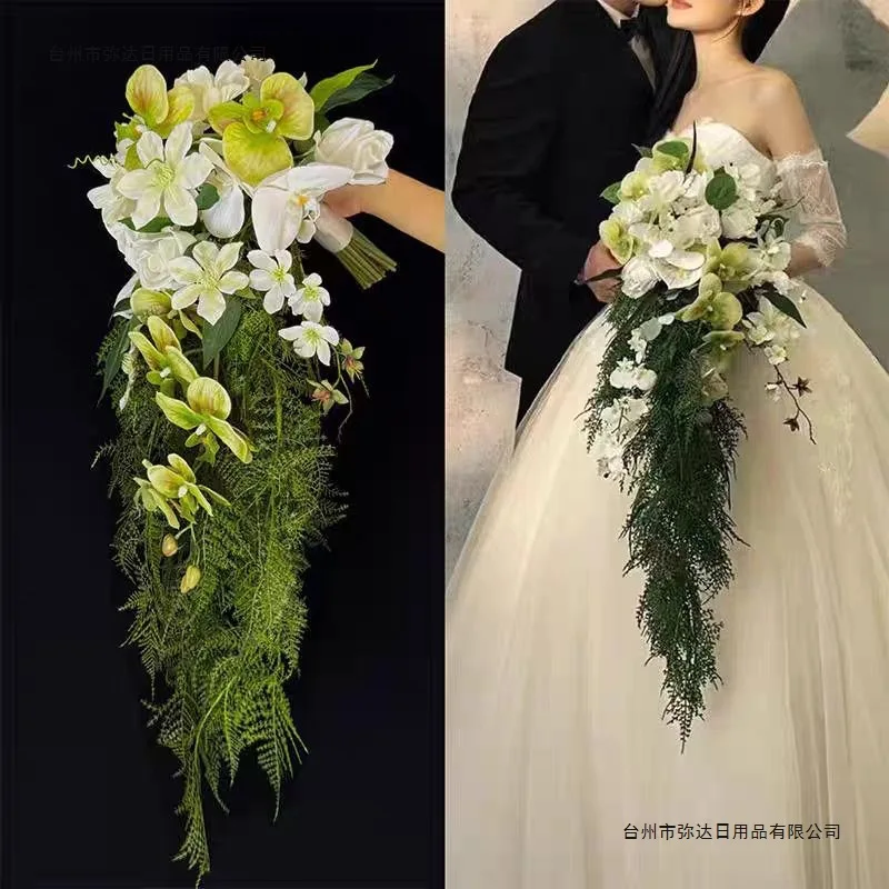Waterfall bouquet bride simulated flower wedding photo studio shooting props Wenzhu Phalaenopsis Mori water drop hand hold