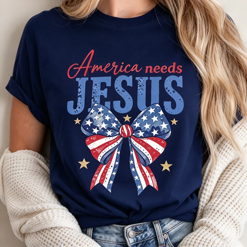 Womens Christian Patriotic T Shirt America Needs Jesus US Flag Bow Star Print Religious Casual Summer Tee Cotton Unisex Y2k Top