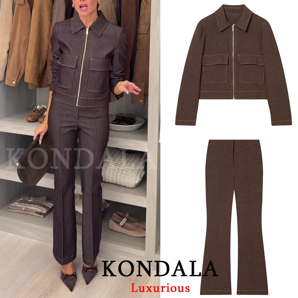 

Костюм KONDALA: Винтажный шик, женский, коричневый, однотонный, с курткой на молнии и карманами, свободные брюки на молнии, модный комплект для отдыха Весна-Лето 2026