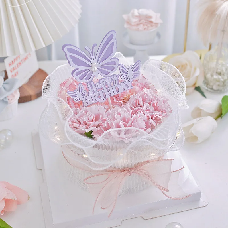 Butterfly Pearl Cake Topper Flag Happy Birthday Wedding Bride Decoration Cupcake Toppers Baking Party Baby Shower Cake Decor DIY