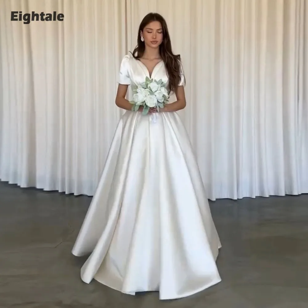فستان زفاف عربي Eightale برقبة على شكل حرف v مخصص من الساتان العاجي وأكمام قصيرة فستان زفاف على شكل حرف a طول الأرض فستان حفلات العروس