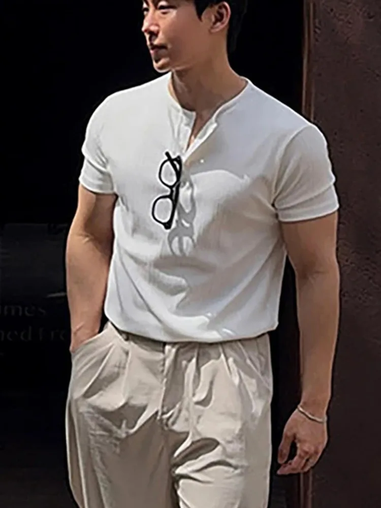 Round Minimalist Men's Collar T-shirt Ribbed Texture Slim Fit Short Sleeve Casual Gym Workout Premium Cotton Top D0A8