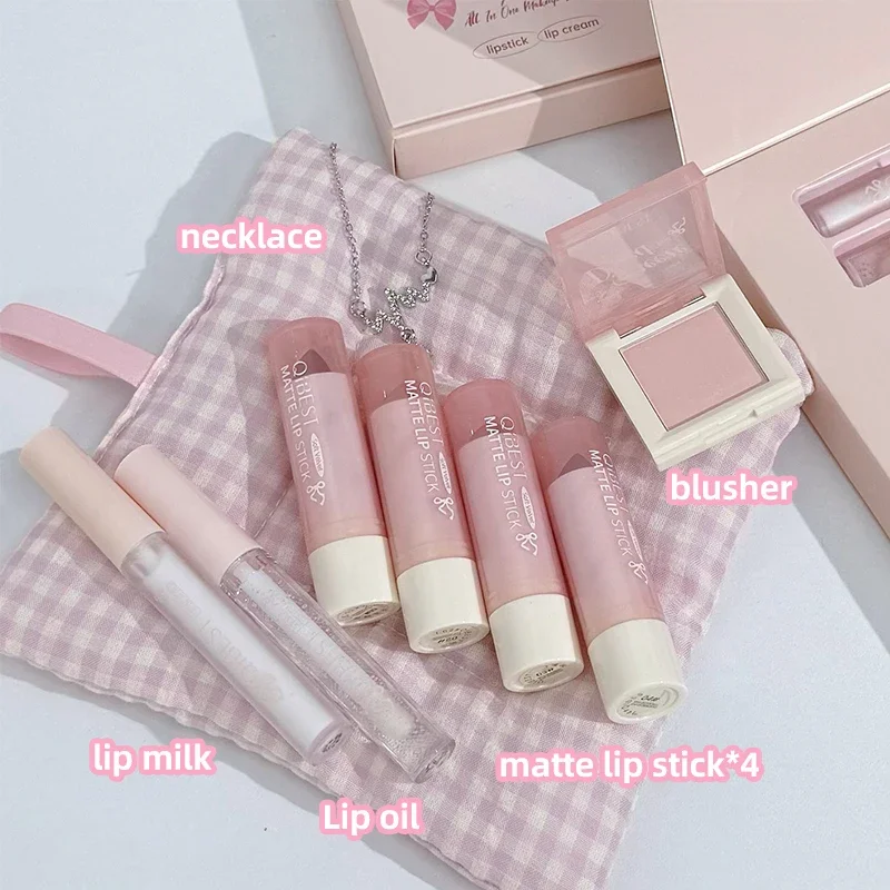 QIBEST 7 pezzi/scatola set di trucco multiuso 4 pezzi rossetto liquido, 1 crema per labbra, 1 olio per labbra, 1 tavolozza di fard per il viso e cosmetici per collana