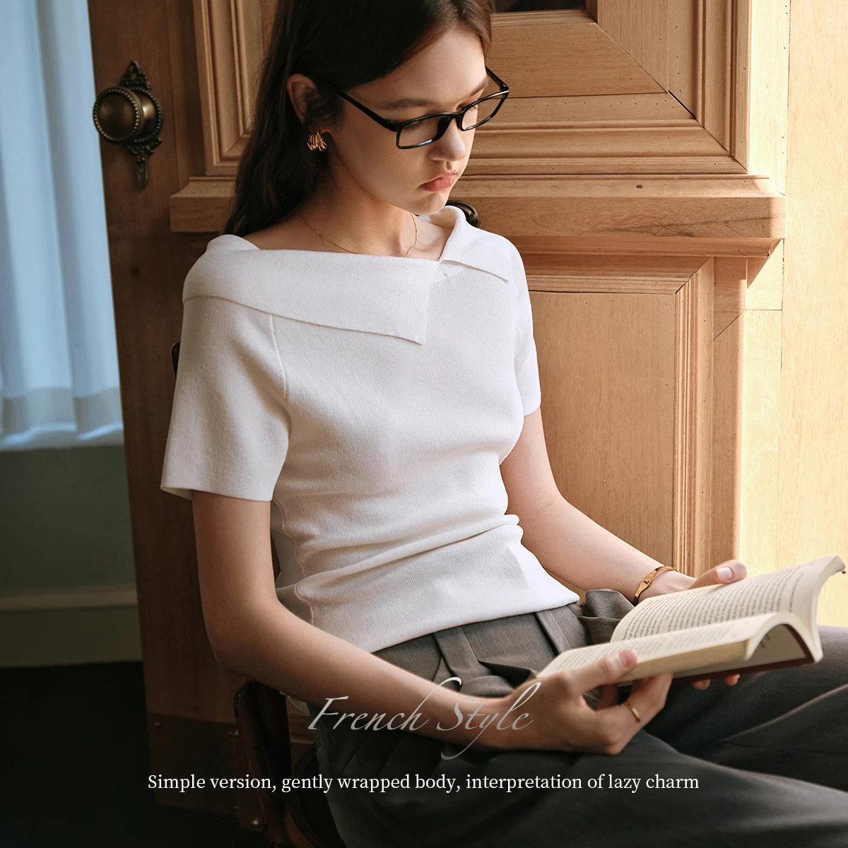 OLrain Women 2026 Autumn Knit Sweater White Asymmetrical Neckline Short Sleeve Pullover Daily Commute All Match Tops O57XZ98638