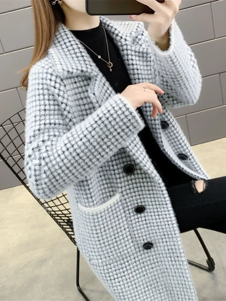 Women Plaid Long Mohair Cardigan Coat Autumn Mink Fur Knitting Jacket