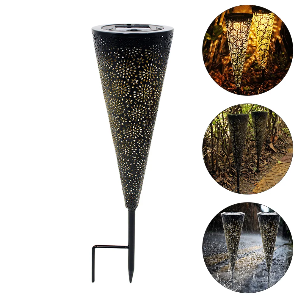 1pc Solar Lawn Outdoor Garden Light Led Waterproof Yard Light Metal Hollow Cone Design For Pathway Decoration