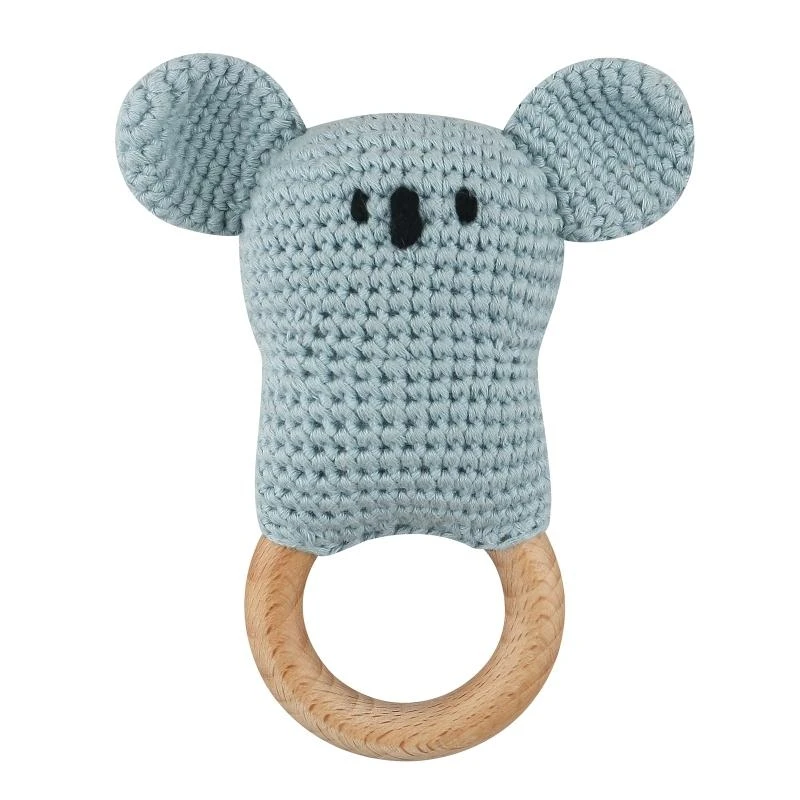 

J15U 1pc Baby Wooden Teether Natural Teething Grasping Mobile Pram Crib Ring Crochet Rattle Soother Nursing Educational BPA