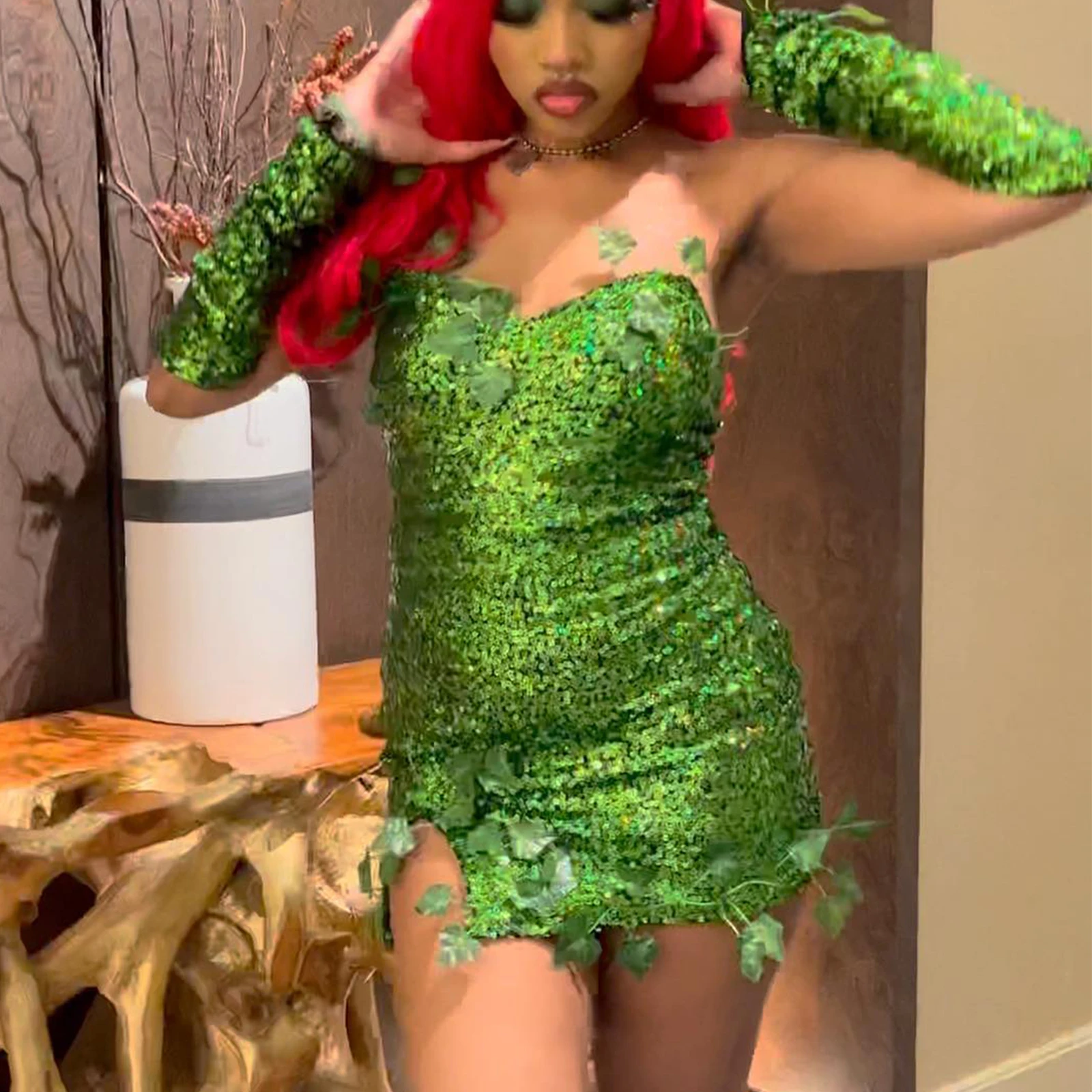 

Женское сексуальное платье лесной феи на Хэллоуин без рукавов с искусственными листьями и блестками, костюм, нарядное платье с перчатками, наряды для косплея
