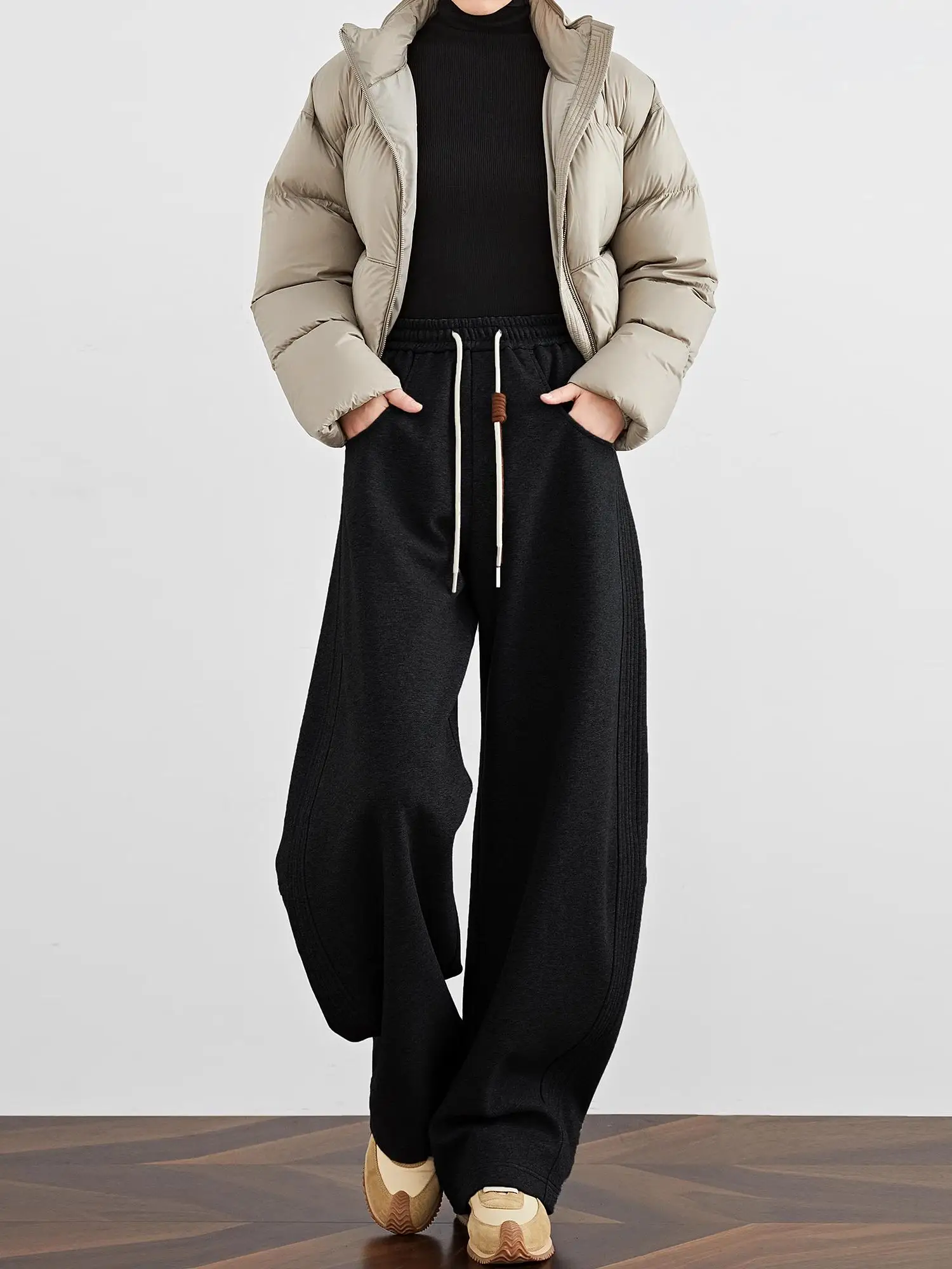 

TUMPUS Thiened Fce Lined Banana Pants Women's Winter Warm Casual Trousers Slimming Wide Leg Pants High Waist Polyester F...