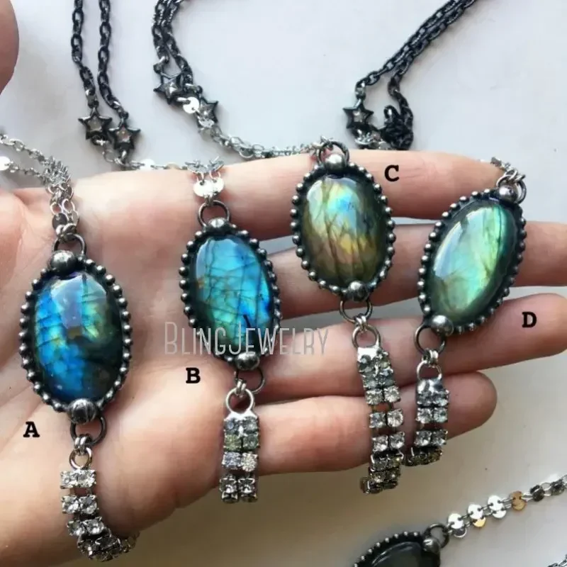 10pcs Labradorite Shimmery Rhinestone Fringe Necklace Spectrolite Witch Boho Beach Disco Talisman Medallion Chakra Y2k Jewelry