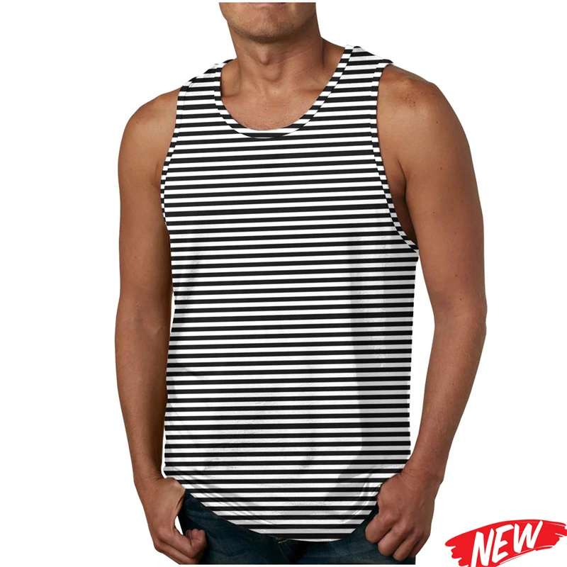 Bestseller Gestreiftes Herren-Tanktop 3D-Druck Kurzarm Sommer Lässiges Laufshirt Unterhemd Rundhals-Tanktops