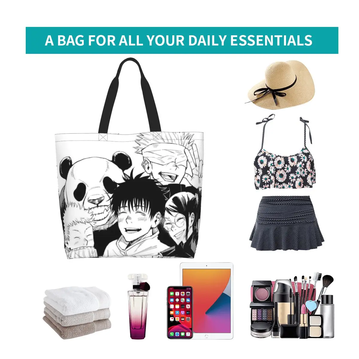 Jujutsu Kaisen 0 حقيبة تسوق قماش سعة كبيرة حقائب كتف للمتسوقين حقيبة يد البقالة للنساء