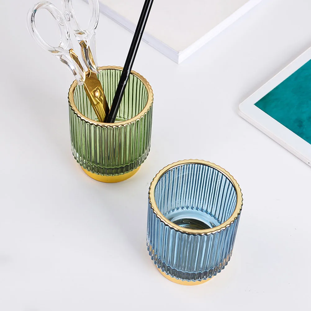

Glass Makeup Brush Holder Striped Brush Cup Storage Organizer Pen Holder Desktop Container Makeup Storage Organizer
