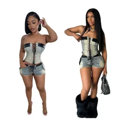 Summer Outfits Women Stretch Denim Bandage 2 Piece Sets Sexy Tube Tops And  Jeans Shorts Matched Street Wear Women'S Denim Sets