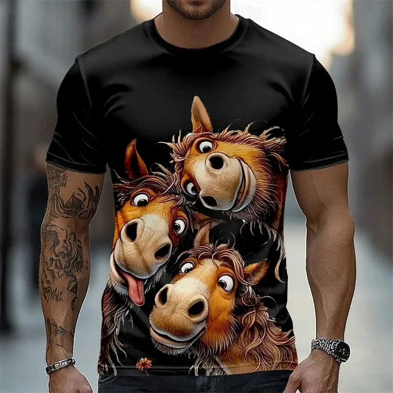 Funny 3 Donkey Selfie 3D Print T-Shirt Cute Cartoon Animal Graphic Tee Black Background Casual Round Neck Short Sleeve Shirt