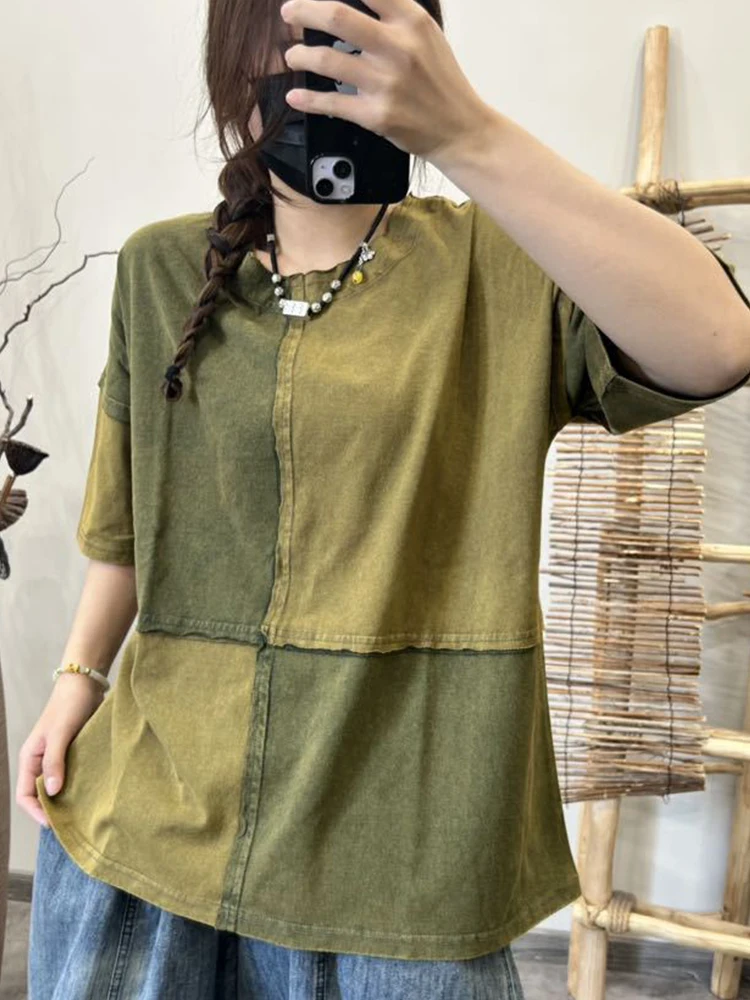 Amax luluE Summer Korean Vintage Clothes Womens Leisure Loose Cotton T-shirts Ladies Luxury Fashion O Neck Tops Patchwork Tees