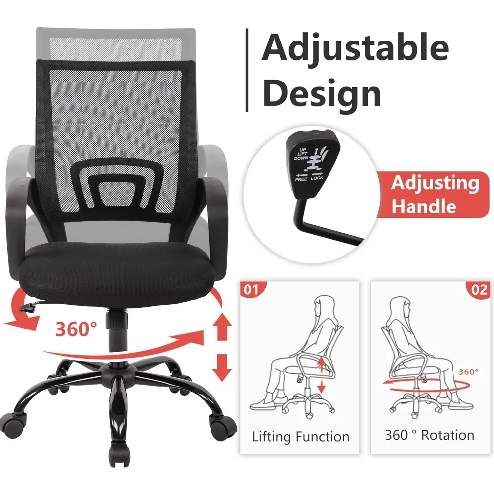 Chaise de Bureau Ergonomique Bon Marché, Réglable et Confortable, à Dossier Moyen, pour Tâches, Roulantes, avec Lombaires