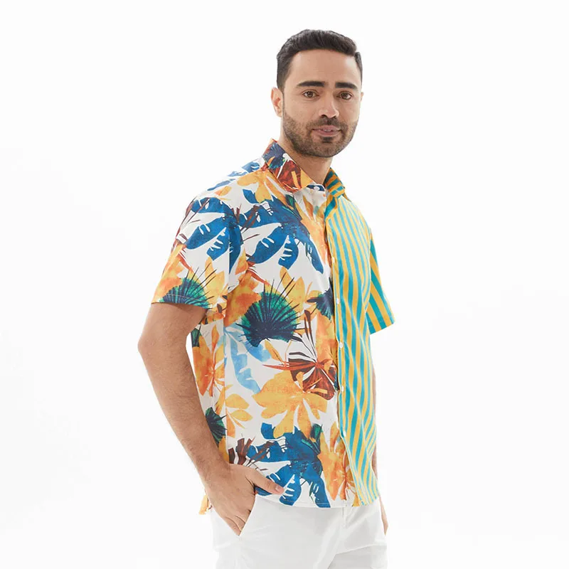 Camicie a maniche corte da spiaggia hawaiana da uomo estive moda Casual allentata oversize Patchwork stampata a righe con risvolto a contrasto