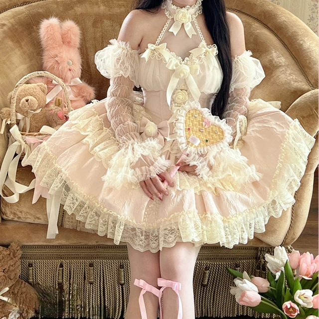 Wiktoriańska sukienka Gothic Lolita damska w japońskim stylu Harajuku Y2k opaska dziecięca kwiat róży księżniczka suknie eleganckie Mini sukienka na imprezę ślubne