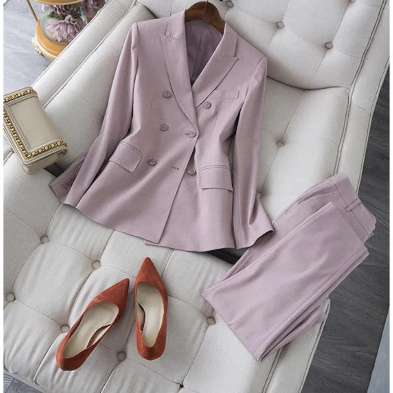 

Office Women Blazers Suits Pink Pants Two Piece Set Pocket Clothing Tapered Cropped Trousers Tailored Double Breasted Coats Work