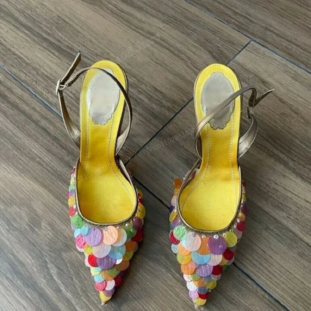 Colorful Sequin Decor Pointed Toe Pumps Party Stiletto High Heel Back Strap Fashion Sexy Women Shoes 2024 Zapatos Para Mujere