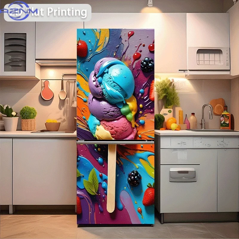 1pc 2D Printed Refrigerator Sticker, 60x180cm, Colorful Ice Cream Bar, Self-Adhesive Wall Decal for Cabinets and Wardrobes, Mo