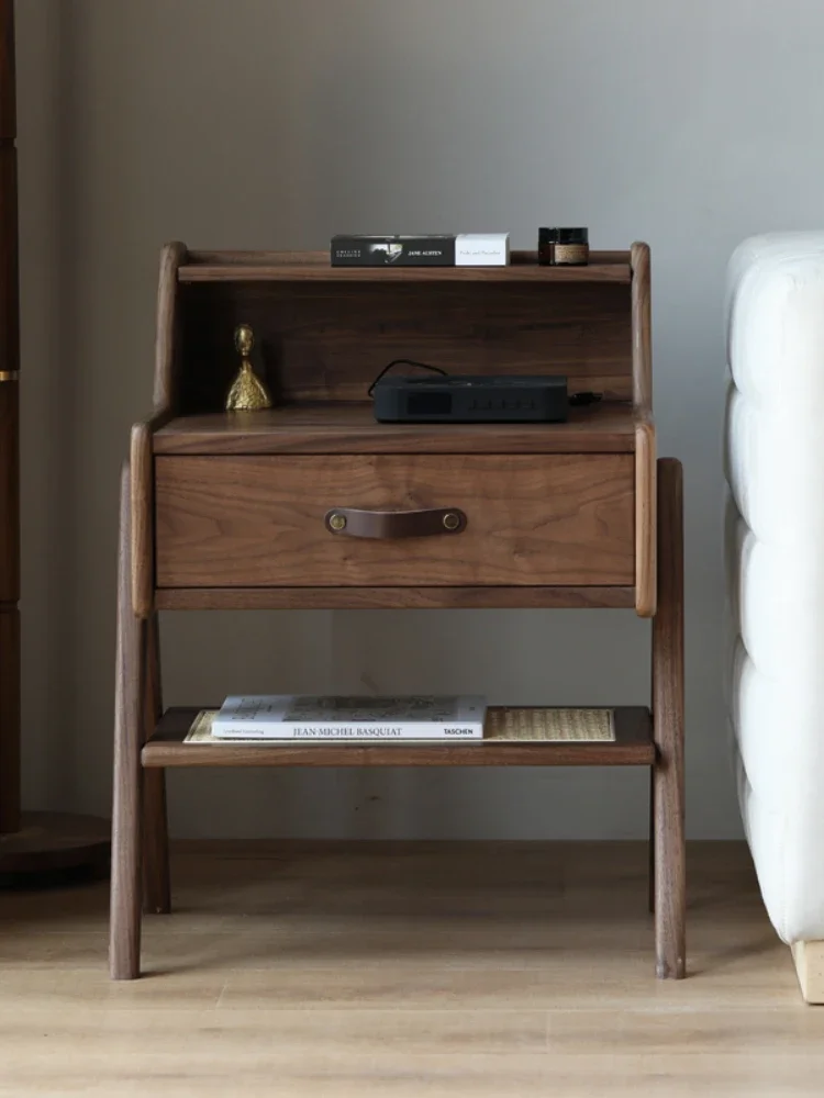 Bedroom Bedside Table Black Walnut Double-Layer Sofa Side Cabinet Side Table Multifunctional Locker