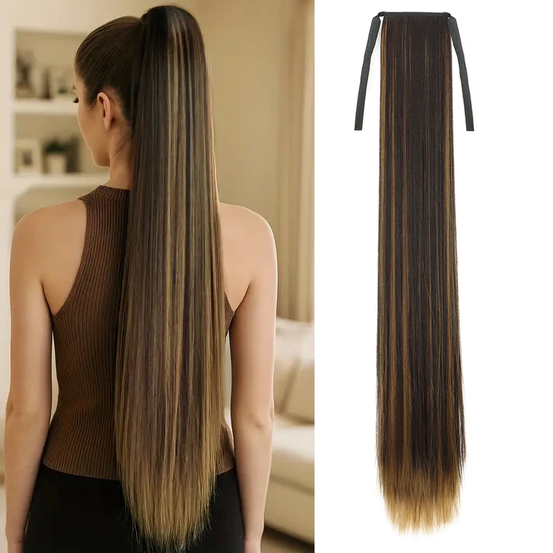 Extensión de Cola de Caballo Sintética de 34 Pulgadas con Cordón y Clips, Negra o Marrón para Mujer