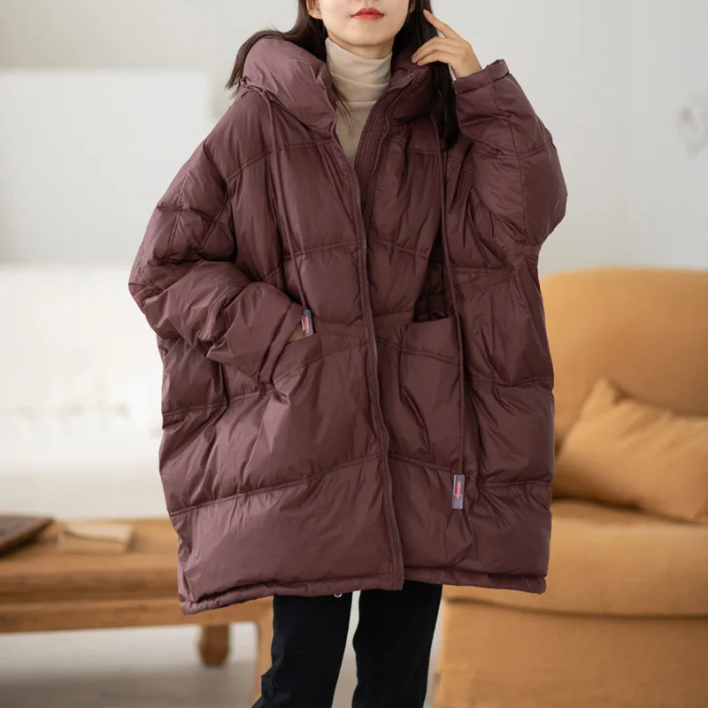 Medium Length Hooded Down Jacket for Women, Loose Parka Coat, Drawstring, Warm, Big Yards, Fall, Winter, 2024