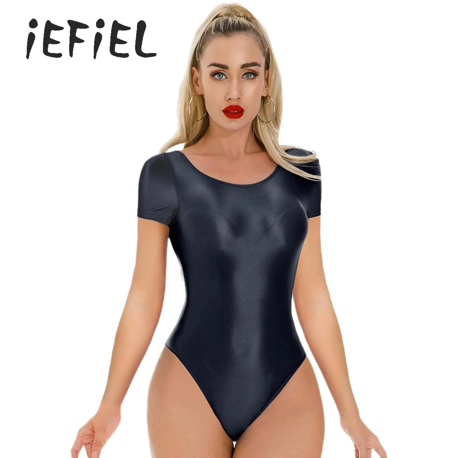 

Women's Glossy One-Piece Swimsuit Swimwear Sexy Short Sleeve Leotard Bodysuit Solid Monokini Beach Bathing Suit Swimming Clothes