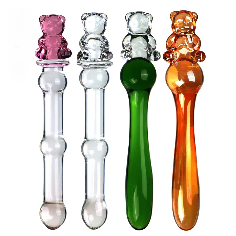 Cute Bear Head Glossy Glass Crystal Dildo Anal Plug Beads Fake Penis Vaginal Wand Sex Products For Women Lesbian Unisex Sex Toys