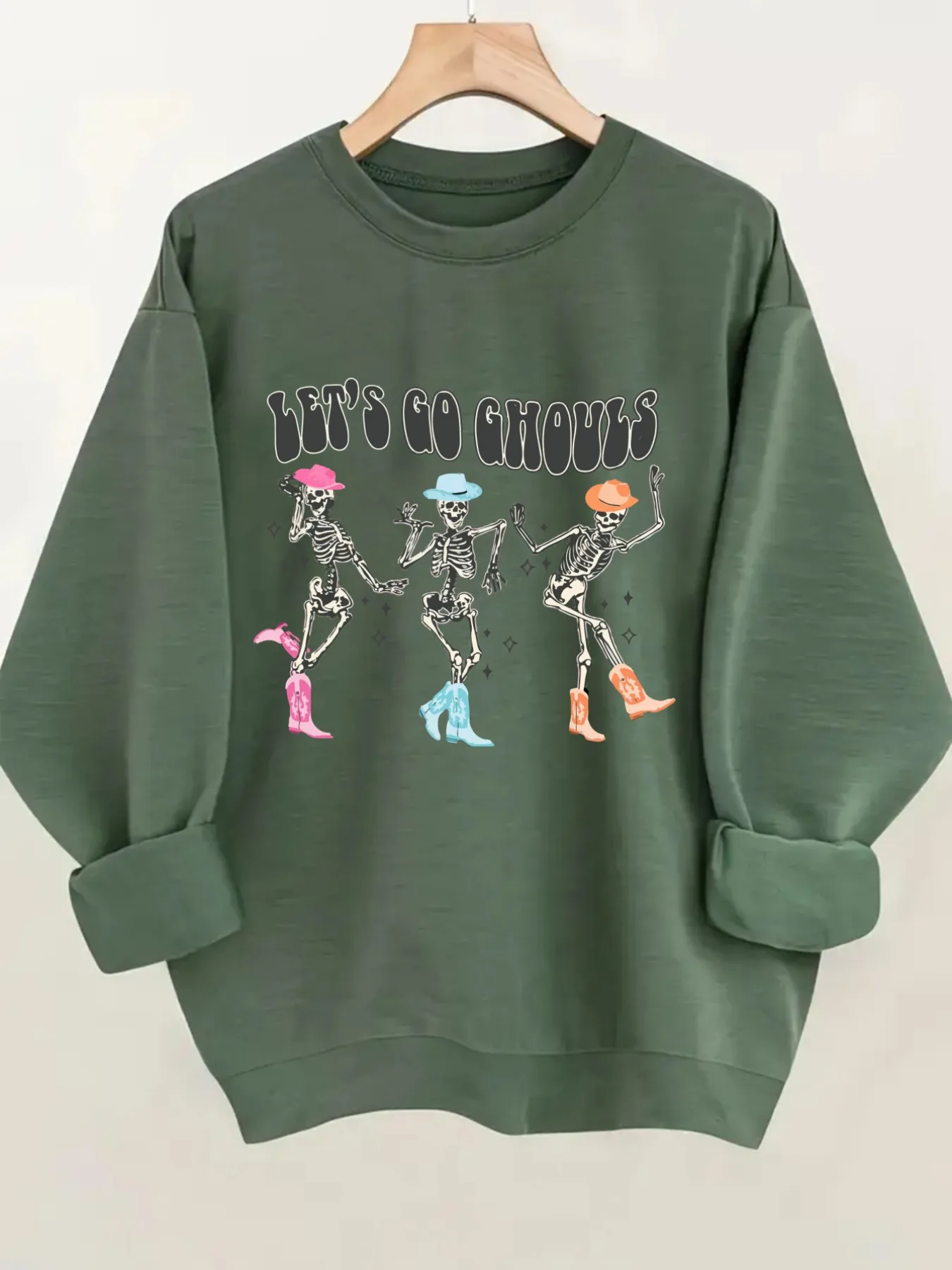 Women's Crewneck Pullover Sweatshirt Lets Go Ghouls Design, Soft Casual Long Sleeve, Daily Casual Top Outfit, Winter Women's Clothing, Halloween Costume Outfit